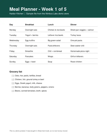 Week one of the five-week planner