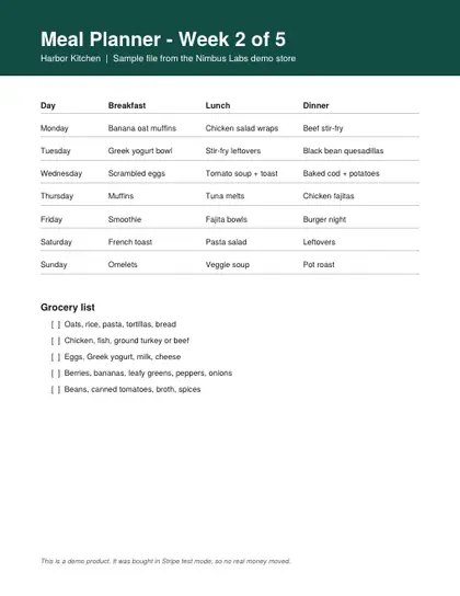 Week two of the five-week planner
