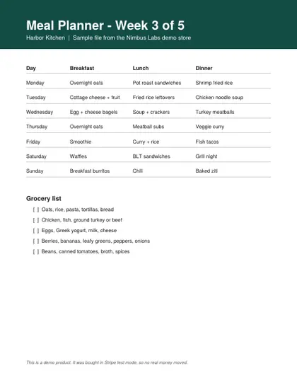 Week three of the five-week planner