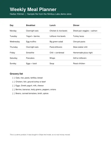 Page one: the weekly table and the grocery list